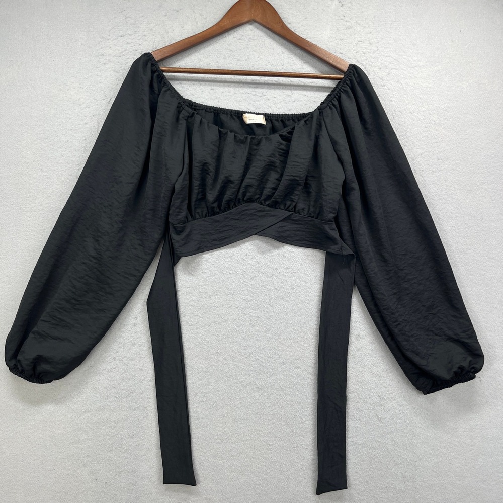 Altard State Crop Top Women Medium Black Off Shoulder Sleek Long Sleeve Tie Back